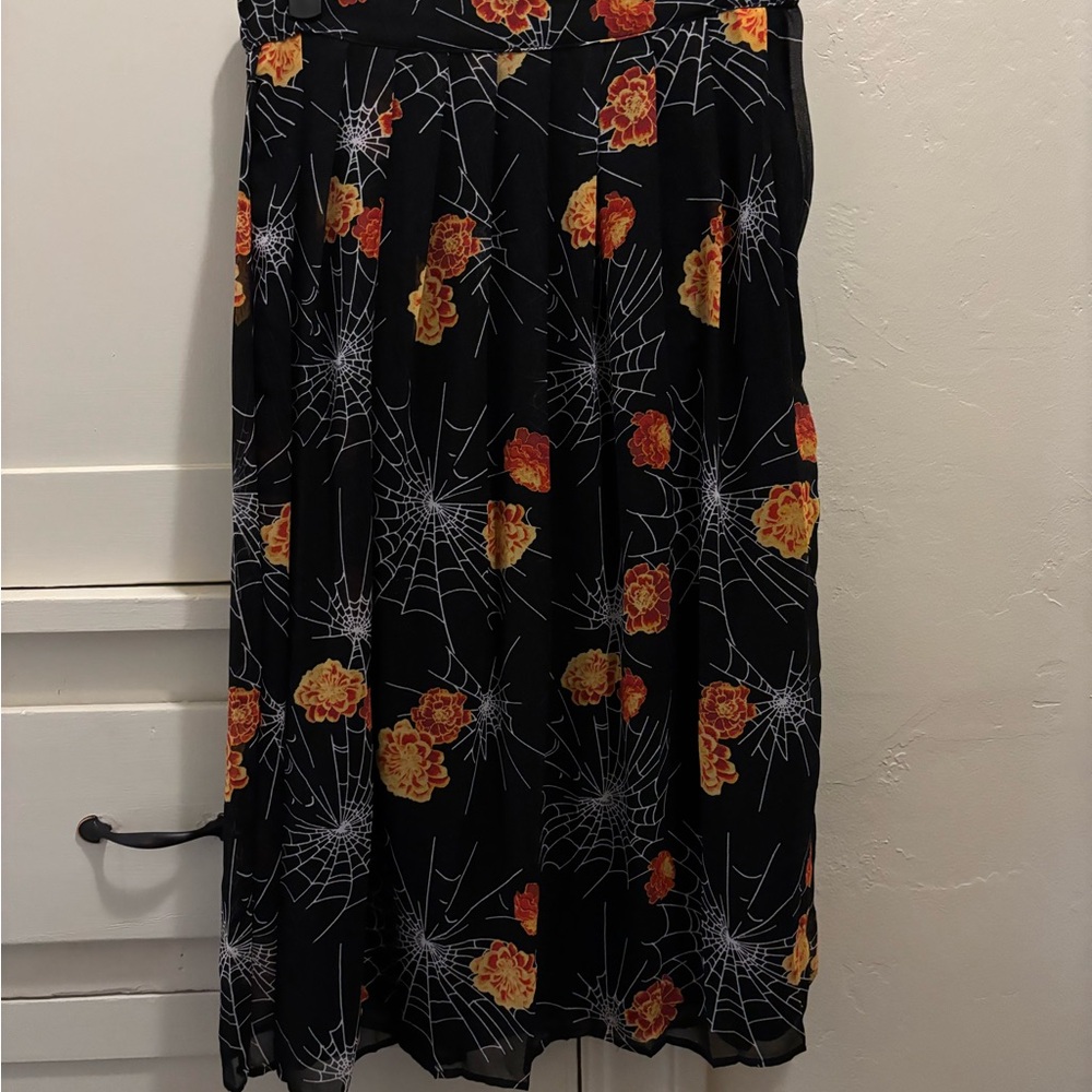 Modcloth Black Skirt with Orange Floral and Web Design